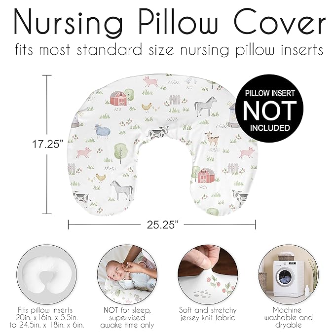 Sweet Jojo Designs Farm Animals Nursing Pillow Cover Breastfeeding Pillowcase Newborn Infant Bottle Breast Feeding Pillow NOT Included Watercolor Farmhouse Barn Horse Cow Gender Neutral