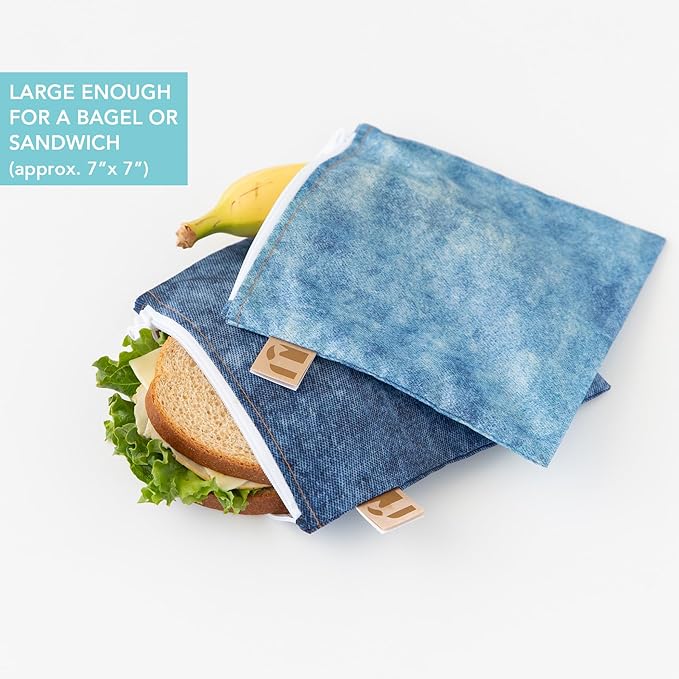 Bumkins Ruffle Apron Bib and 2-pack Sandwich Bags, Waterproof Fabric, Faux Denim