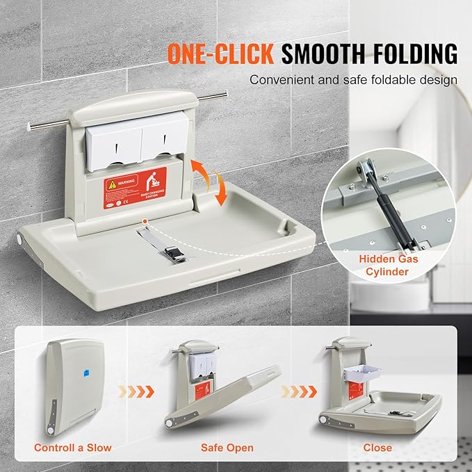 VEVOR Wall-Mounted Baby Changing Station, Horizontal Foldable Diaper Change Table with Safety Straps and Hanging Rods, Use in Commercial Bathrooms, Daycare Centers for Newborns & Infant