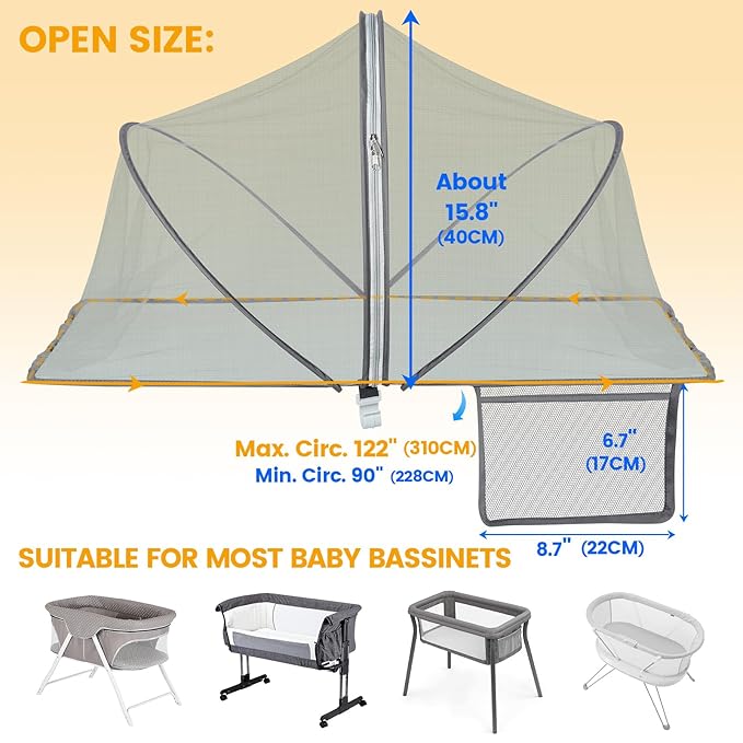 Orzbow Bassinet Cover for Cats - Breathable Mosquito Net Cover for Bassinets/Travel Cribs/Mini Cribs, Baby Mosquito Net to Keep Pets Out, with Two-Way Self-Locking Zippers and Storage Bag, Grey