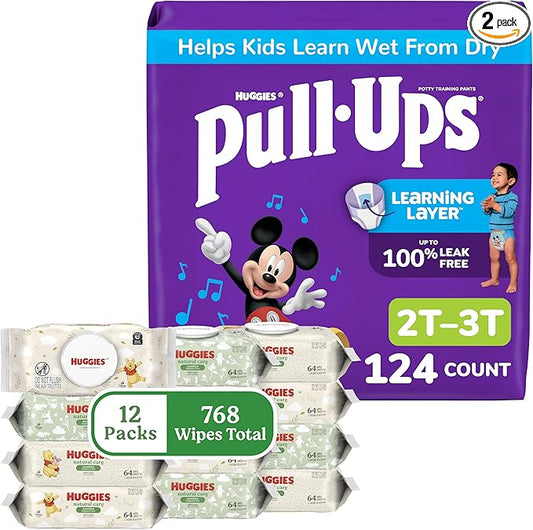 Pull-Ups for Boys + Natural Care Sensitive Wipes Bundle: Pull-Ups Training Pants, Size 2T-3T (16-34 lbs), 124 Count (4 Packs of 31) & Huggies Natural Care Sensitive Baby Wipes, 12 Packs, 768 Count