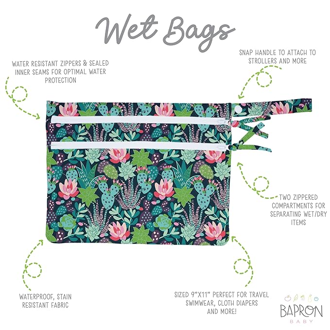 BapronBaby Desert Floral Wet Dry Bag - Waterproof Two Zipper Pockets - Reusable for Mealtime, Diapers, Stroller, Snacks, Swimsuits - Machine Washable - 11" x 9"