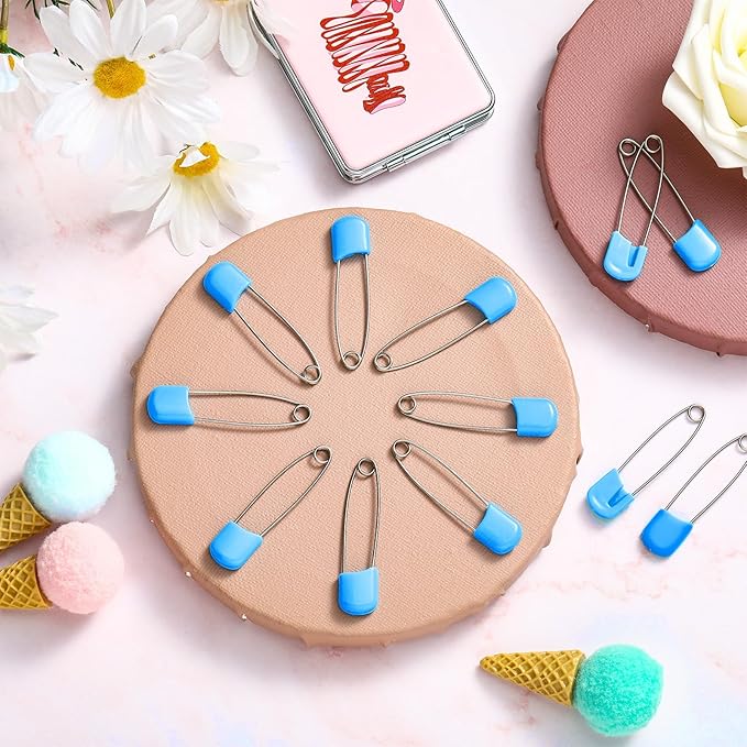 WILLBOND 100 Pcs Safety Pins 2.2 Inch Plastic Head Cloth Pins with Locking Closures Stainless Steel with Velvet Bag, Blue