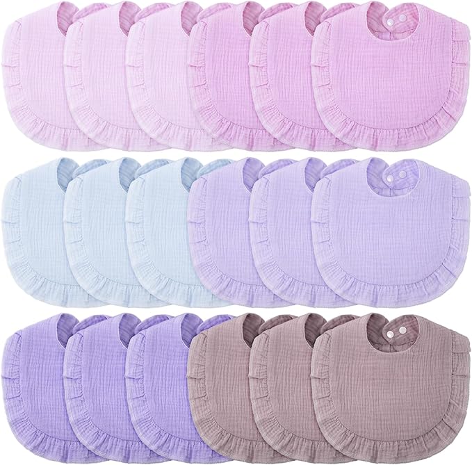 Kenning 18 Pcs Muslin Drool Baby Bibs Ruffle Absorbent Bib with Snap Button Boy Girl for Drooling Teething Infant Newborn