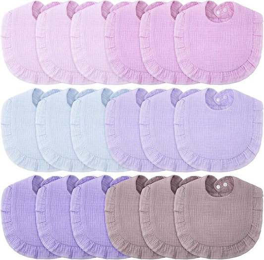 Kenning 18 Pcs Muslin Drool Baby Bibs Ruffle Absorbent Bib with Snap Button Boy Girl for Drooling Teething Infant Newborn