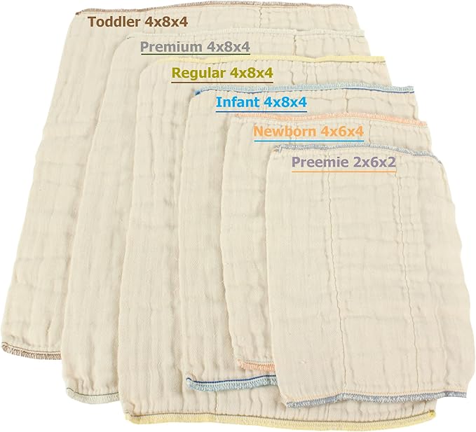 OsoCozy Unbleached Prefold Cloth Diapers 100% Cotton, Durable, Soft, Absorbent, Sustainable & Economical - dims, Fits size range. - (Size)