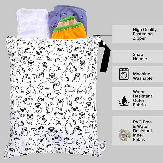 FLOCK THREE Washable and Reusable Wet Bag, Diaper Bag, Water Resistant Swimming Bag, Travel Toiletries Pouch, Yoga Gym Bag (White_YOGADOG)