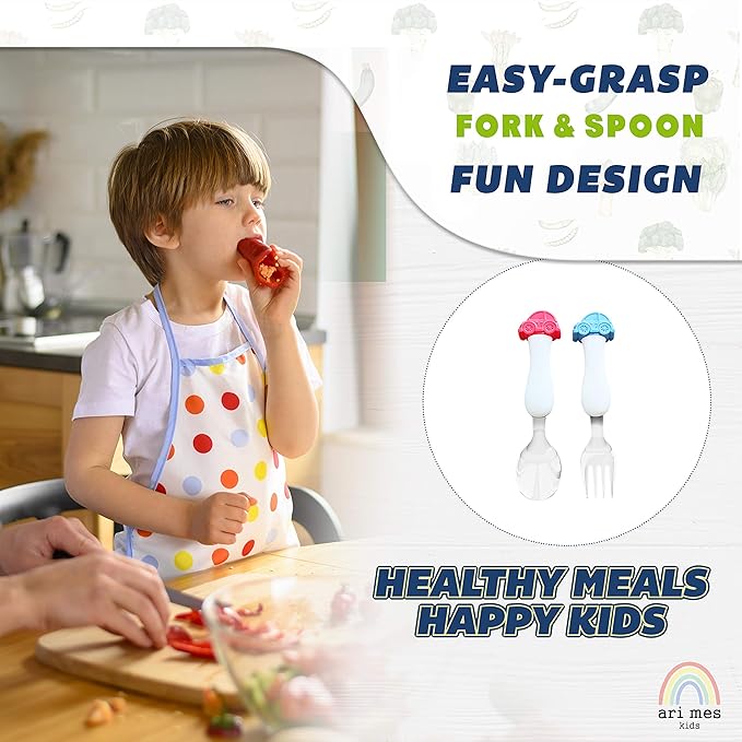 ARI MES - BPA-Free Toddler Car Utensils - Easy-Grip Car Spoon and Fork Set for Kids
