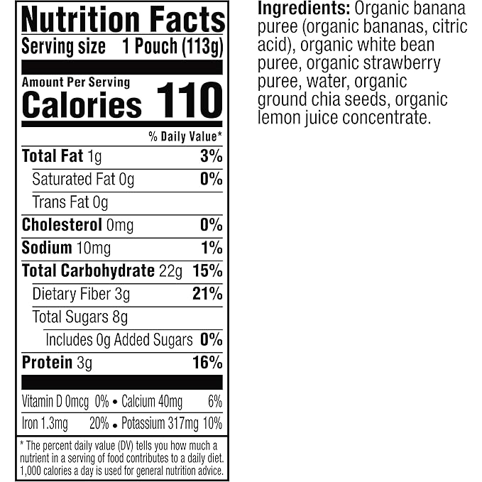 Plum Organics - +12 Months Organic Baby Food - Banana, White Bean, Strawberry & Chia - Non-GMO - On-The-Go Pouches for Baby & Toddler Meals - Quality Tested Ingredients - 4 oz (Pack Of 12)