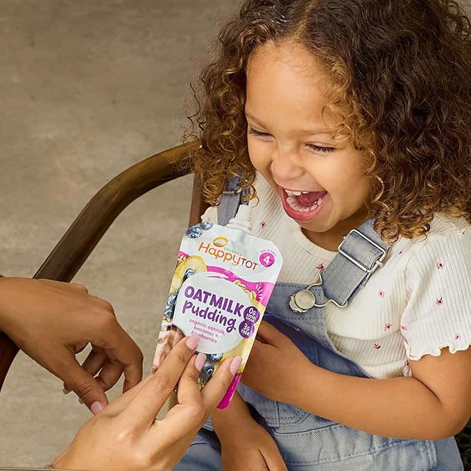 HAPPYTOT Organics Oatmilk Pudding, Dairy-Free, Stage 4 Toddler Snack, Oatmilk, Mangos, Pineapples & Coconutmilk, 4 Ounce Pouch, Pack of 16