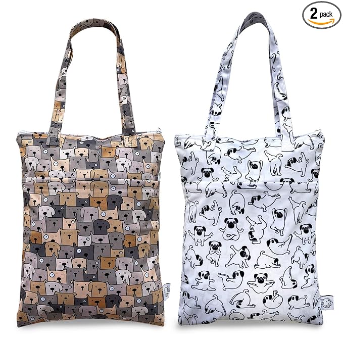 FLOCK THREE 2pcs Wet Dry Bag Waterproof Tote Reusable Wet Clothes Baby Diapers Stroller Swimsuit Travel Small Larger Electronics Toiletries Pouch Cute Dogs