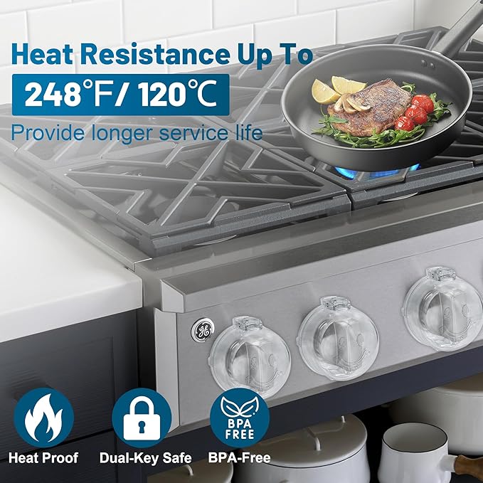 Childproof Stove Knob Covers, Oven Knob Covers for Child Safety 5 Pack, Clear Stove Knob Safety Covers & Gas Stove Locks, Heat-Resistant Adhesive,Double-Key Baby Proof Covers for Gas/Electric Burners