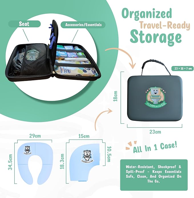 Travel Potty Seat: Portable w Carrying Case for Toddler Toilet Training, Foldable Non-Slip Silicone for kids public toilets, CLEAN ON THE GO (Blue)