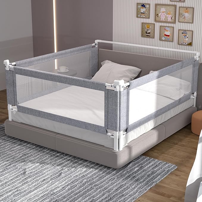 yulongtengfei 3-Piece Califormia King Size Bed Rail for Toddlers - Adjustable Baby Bed Rail Guard, Kids Safety for Califormia King Size Bed (82.7"x82.7"x70.8"-Grey)