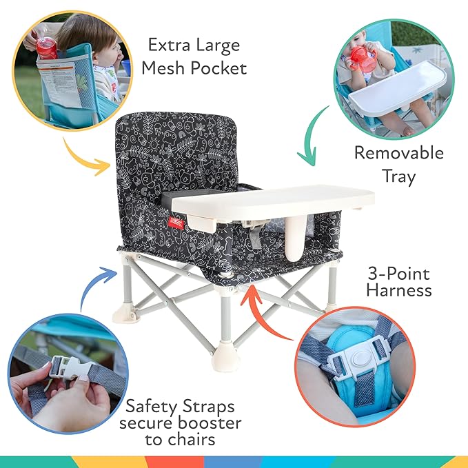 Nuby Pop-Up Booster Seat with Removable Tray - 6+ Months - Portable Booster Seat for Floor Indoor/Outdoor Use - 3-Point Safety Adjustable Straps - Summer Travel Essentials - Black and White
