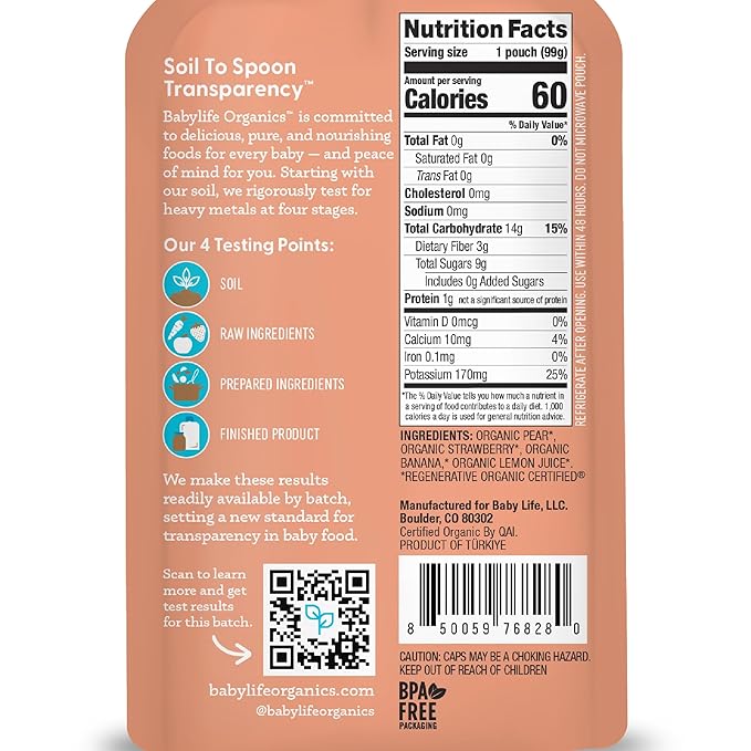 Babylife Organics Stage 2 - Pear, Strawberry & Banana, 3.5 Ounce Pouch (1 Pack) - Heavy Metal Safe, Organic Baby Food