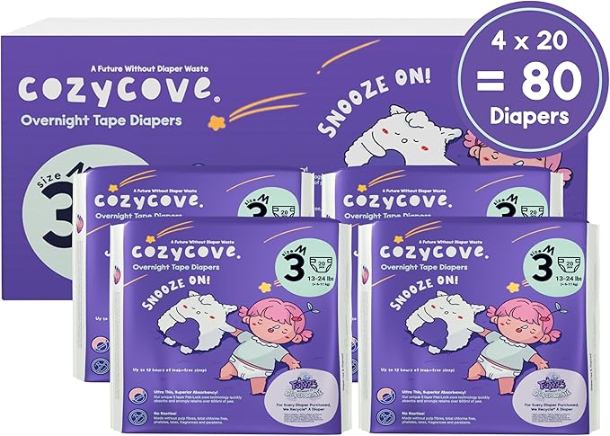 Cozycove Size 3 M (13-24 lbs) Diapers, 80 Count, Totally Chlorine Free, Skin-Friendly Material | Snooze On Slim Overnight Tape Disposable Diapers | 4 Bags of 20