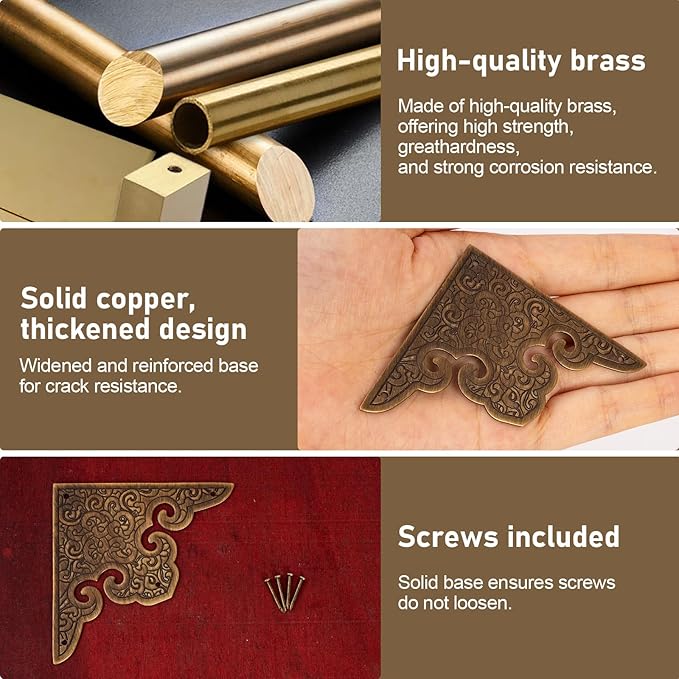 Antique Brass Decorative Box Corner Protector, 4Pcs Wooden Jewelry Gift Box Cabinet Chest Accessories Guard Edge Cover Flat Corner Brace (Bronze, Printing Pattern)