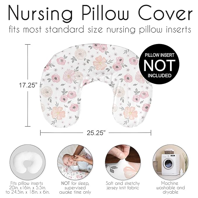 Sweet Jojo Designs Baby Nursing Pillow Cover (Pink/Grey Boho Floral) for Girls, Infant/Newborn Nursery, Bottle Breastfeeding Slipcover, Breast Feeding Pillowcase - Pillow NOT Included (Watercolor)