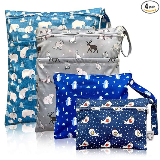 Waterproof and Reusable Wet Bag Diaper Stroller Water Resistant Swimsuit Travel Toiletries Yoga Gym Washable Carrier Small Medium Large Winter Animal 4 Pack