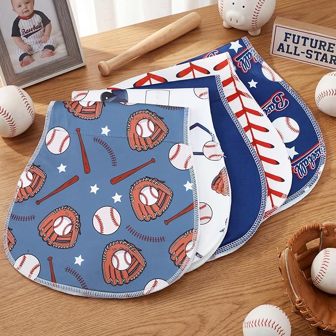 SmoothNovelty 5 Pack Baseball Baby Burp Cloths Soft Absorbent Burping Rags for Newborns 19"x9" Spit up Cloths for Boy Girl Newborn Baby Shower Registry Gifts Set Nursery Decor