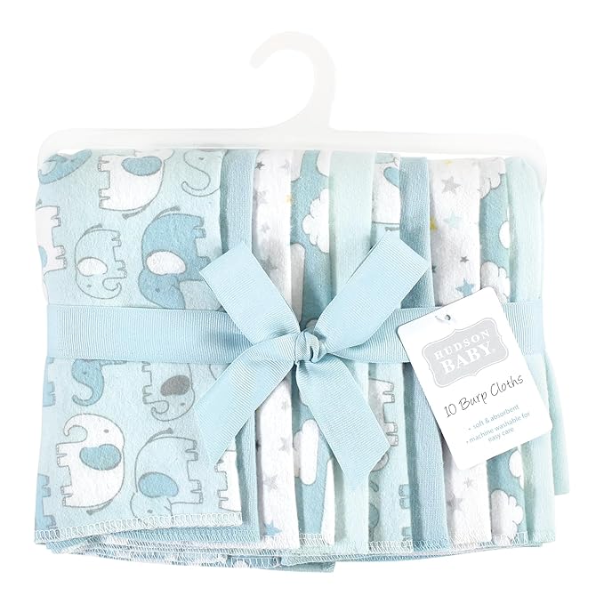 Hudson Baby Unisex Baby Cotton Flannel Burp Cloths, Boy New Elephant 10-Pack, One Size