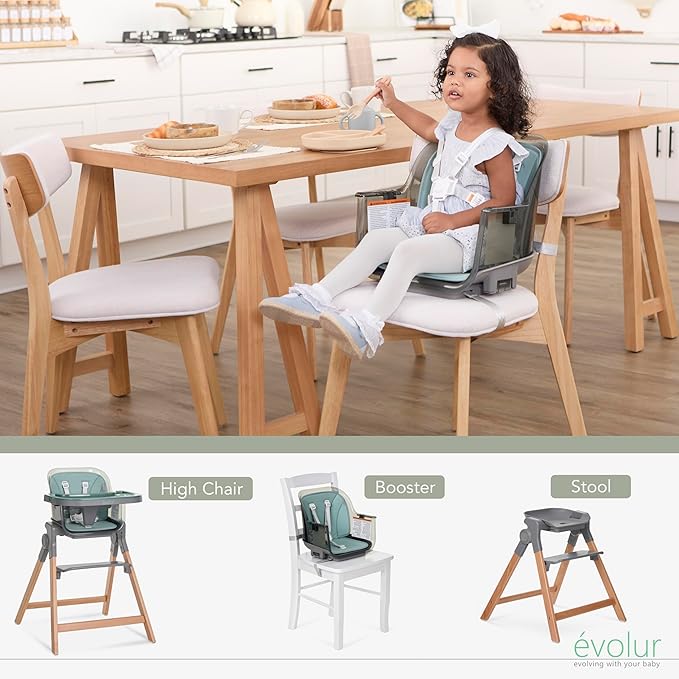 Evolur Tiny Throne 3-in-1 Convertible High Chair, Removable & Dishwasher Safe Tray, Converts to Booster Seat & Adult Stool, Easy-to-Clean Feeding Solution – Matcha Green