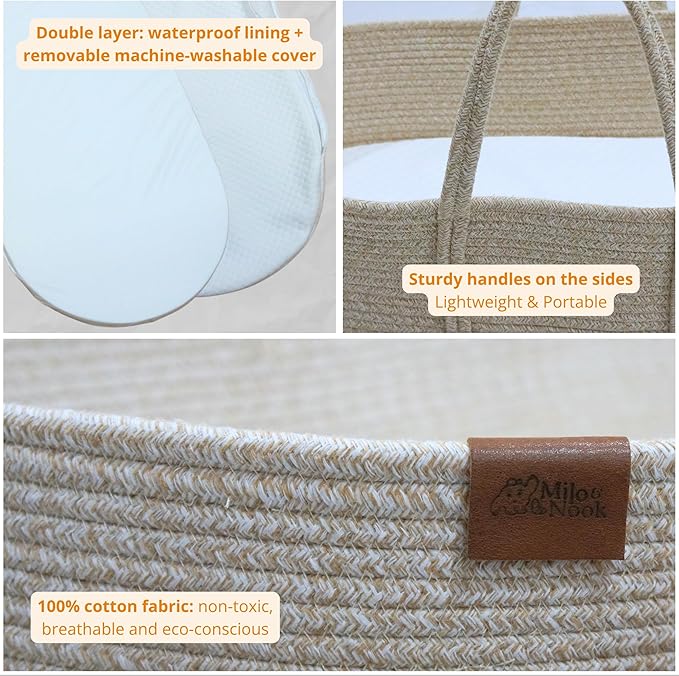 Milo & Nook Baby Changing Basket with Pad – Soft Cotton Moses Basket, Waterproof Liner & Soft Cover, Portable Changing Basket for Newborn Nursery, Machine-Washable Cover