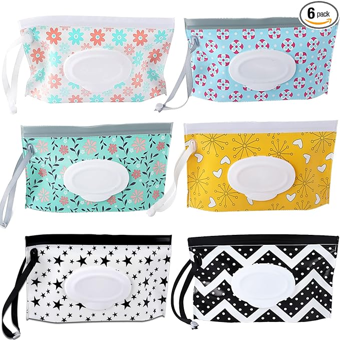 FEBSNOW 6 Pack Baby Wipes Dispenser, Portable Refillable Wipe Holder, Baby Wipes Container, Reusable Wipes Case, Baby Travel Wet Wipes Pouch