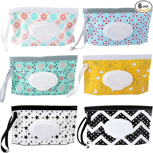FEBSNOW 6 Pack Baby Wipes Dispenser, Portable Refillable Wipe Holder, Baby Wipes Container, Reusable Wipes Case, Baby Travel Wet Wipes Pouch