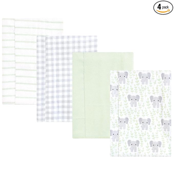 Hudson Baby Unisex Baby Cotton Flannel Burp Cloths 4-Pack, Leafy Elephant, One Size