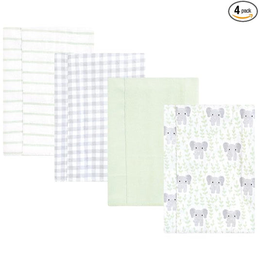 Hudson Baby Unisex Baby Cotton Flannel Burp Cloths 4-Pack, Leafy Elephant, One Size
