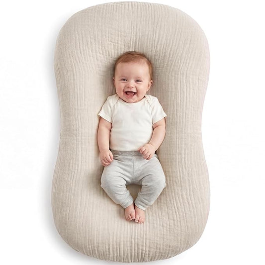 Muslin Baby Lounger Cover 1 Pack, Cotton Soft Breathable Infant Nest Slipcover, Envelope Closure, Compatible with Snuggle Me Loungers, Machine Washable, Cover Only, for Boys Girls(Beige)