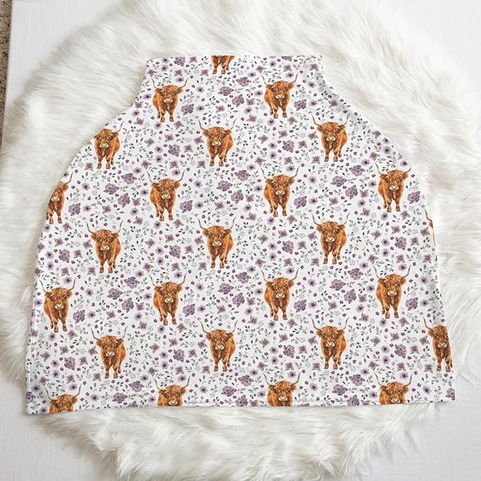 5-in-1 Unisex Western Farm Animals Cow Pattern Baby Carseat Stroller Cover for Boys Girls, Highland Cow Flowers Infant Toddler Privacy Nursing Breastfeeding Canopy, Grocery Shopping Cart Cover-24x28
