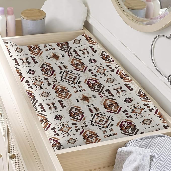 Western Tribal Geometric Pattern Baby Changing Pad Cover,Unisex Native American Nursery Diaper Changing Table Pad Mat Sheet for Boys Girls-16x32