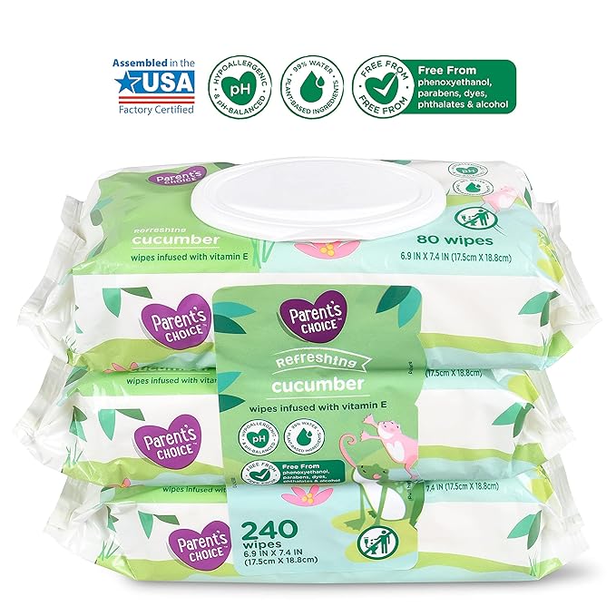 Parent's Choice Refreshing Cucumber Scent Baby Wet Wipes Infused with Vitamin E and Aloe, 240 Count (Value Pack Includes 3 80-Count Packages) - 1 Pack