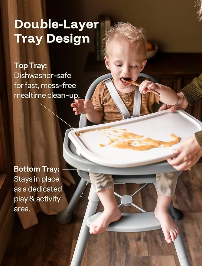 HARPPA 2 in 1 Baby High Chair for Babies and Toddlers, Convertible High Chairs with Removable Double Tray, Waterproof PU Seat Cushion, Anti-Slip Footrest and 5-Point Harness for 6–36 Months, Grey