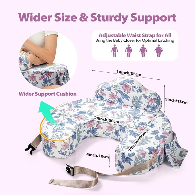 Nursing Pillow - Memory Foam Bottle & Breastfeeding Pillow with Safety Fence - Ergonomic Support, with Wider Breast Feeding Cushion, Adjustable, Removable Cover, Baby Safety Certified Violet