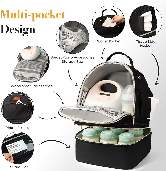 Large Breast Pump Bag for Spectra S1 S2, Double Layer Removable Breast Milk Cooler Bag with 10 Gel Ice Packs & Waterproof Mat, Wearable Pumping Bags for Work Travel & Family, Black