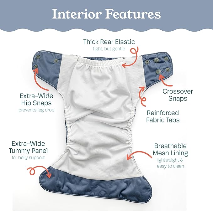 Kinder Cloth Diapers Reusable Baby Diapers Pocket Style Athletic Wicking Jersey, Bamboo Viscose Inserts, Wet Bag, Newborn to Potty Training 7-60lbs, One Size (Coastal Calm, 5 Pack, with Inserts)