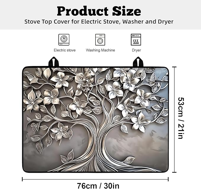 Multi-Design Stove Top Cover for Glass/Electric Stoves - 3-in-1 Heat-Resistant Protector Mat, Non-Slip Drying Rack 30"x21" (Silver-Tree)