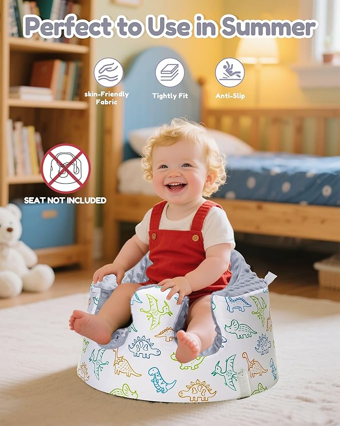 BOMOLOUR Seat Cover Compatible with Bumbo and Nuby Seat, Removable Breathable Baby Floor Seat Cover for Boys and Girls, Seat Not Included (Gray Dinosaur)