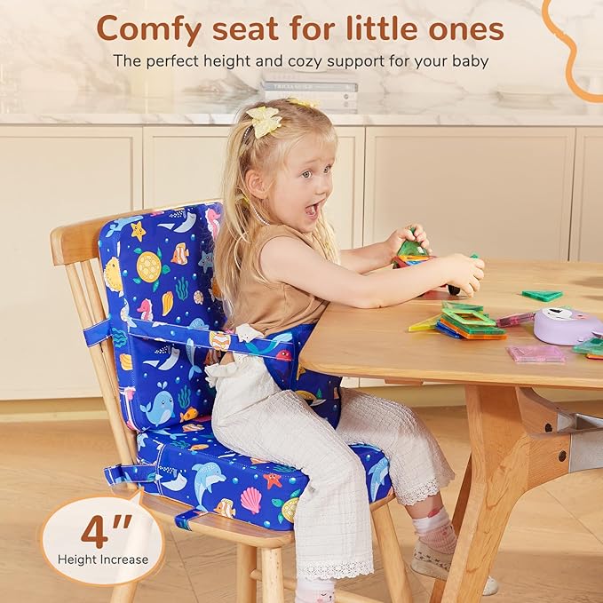 Toddler Booster Seat for Kitchen Chair, Non-Slip Bottom Dining Table Booster Seat with Backrest and Adjustable Straps, Portable Eating Travel Increasing Cushion