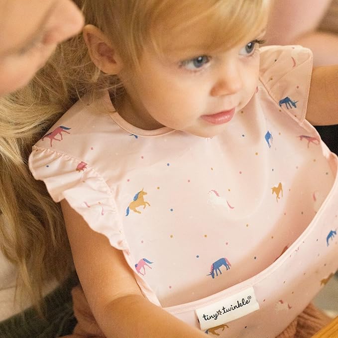 Tiny Twinkle Mess-Proof Baby Bibs for Eating | Waterproof, Wipeable Toddler Bibs with Catch-All Pocket | Feeding Bibs for Girls & Boys(3 Pack,Unicorn Set)
