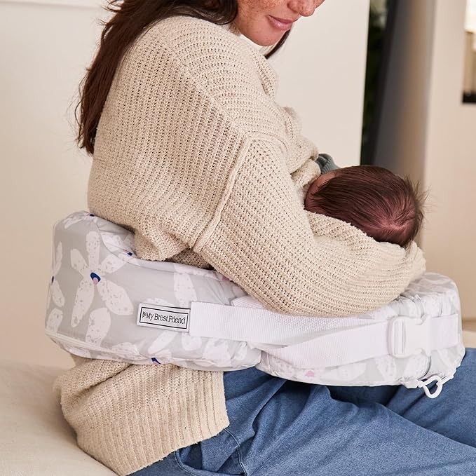 My Brest Friend Original Nursing Pillow Enhanced Ergonomics Essential Breastfeeding Pillow Support for Mom & Baby W/Convenient Side Pocket, Double Straps & Slipcover, Platinum Posies