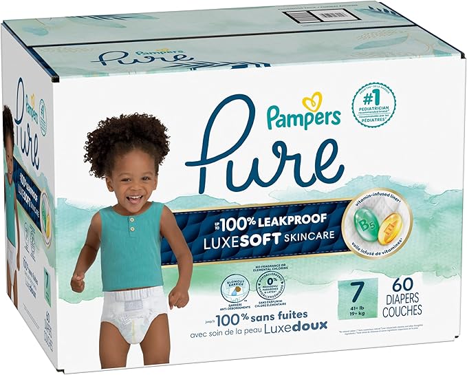 Pampers Baby Diapers - Pure Protection - Size 7, 60 Count, for up to 100% Leakproof, Premium Plant-based Skin Protection