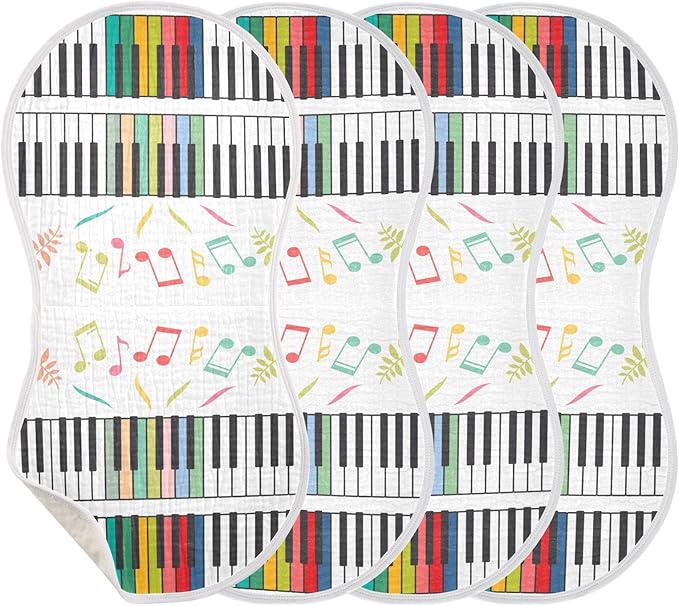 Colorful Piano Keyboard Music Note Muslin Burp Cloths for Baby 4 Pack Soft 100% Cotton Baby Washcloths Bibs for Boy Girl