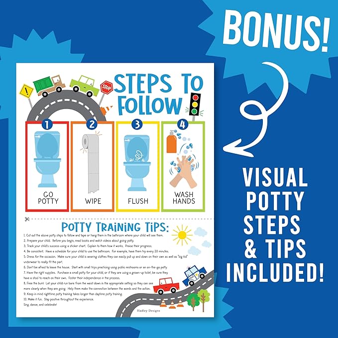 Hadley Designs Potty Training Chart for Toddlers Boys -10 Sticker Potty Chart for Toddlers Boys, 8.5x11" Potty Training Sticker Charts for Toilet Success, Cars Toddler Reward Chart for Kids