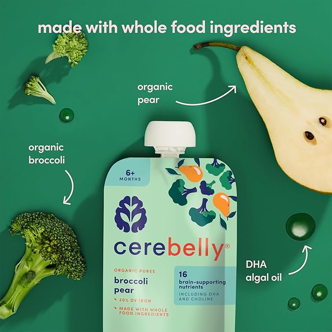 Cerebelly Organic Baby Food Pouches, Broccoli Pear Purees, 16 Nutrients, No Added Sugar, Fiber & Non-GMO, 4oz, 12 Pack
