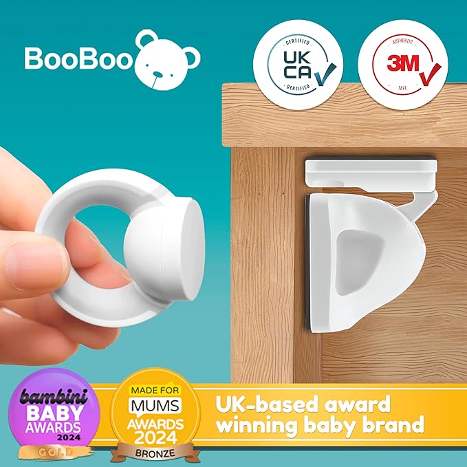 Booboo Baby Magnetic Child Safety Cupboard Locks for Children x4 Locks + x1 Key, Baby Proofing for Kitchen, Cabinets and Drawers, 30 Second Install No Drilling 3M Adhesive (4 Pack)
